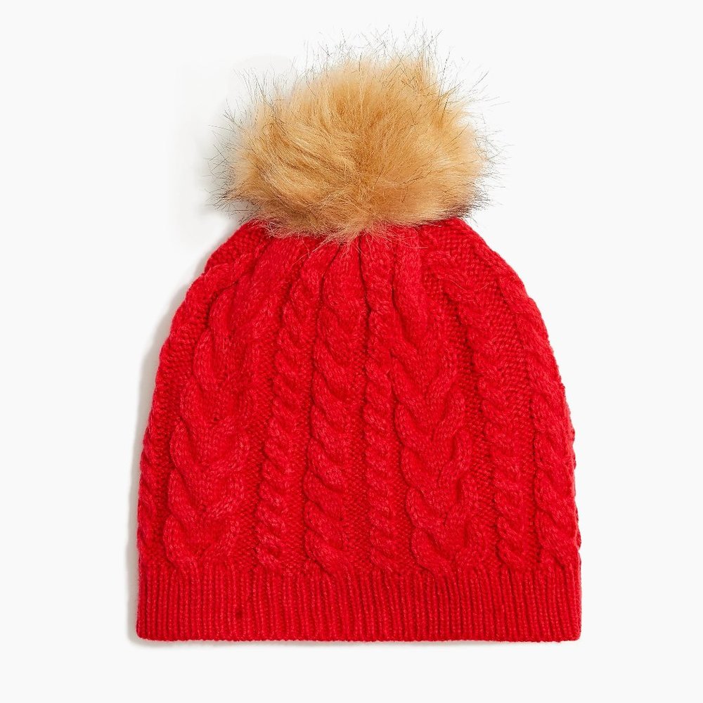 NWT JCrew Cable Faux Fur Pom-pom beanie hat